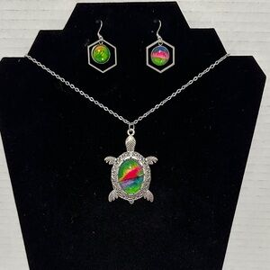 Silver Turtle Pendant Necklace and Earrings